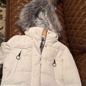 White Puffer Jacket with Faux Fur Hood